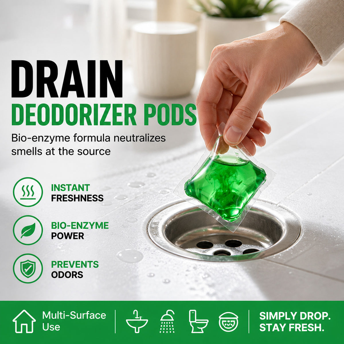 🎁 BUY 1 GET 1 FREE 🔥 Bye-Bye Drain Odors 💧 Bio-Enzyme Drain Pods — Drop In Freshen Up No Scrubbing
