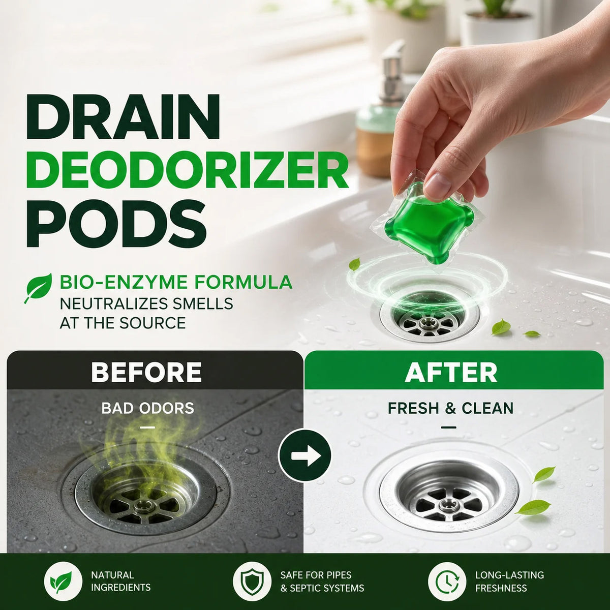 🎁 BUY 1 GET 1 FREE 🔥 Bye-Bye Drain Odors 💧 Bio-Enzyme Drain Pods — Drop In Freshen Up No Scrubbing