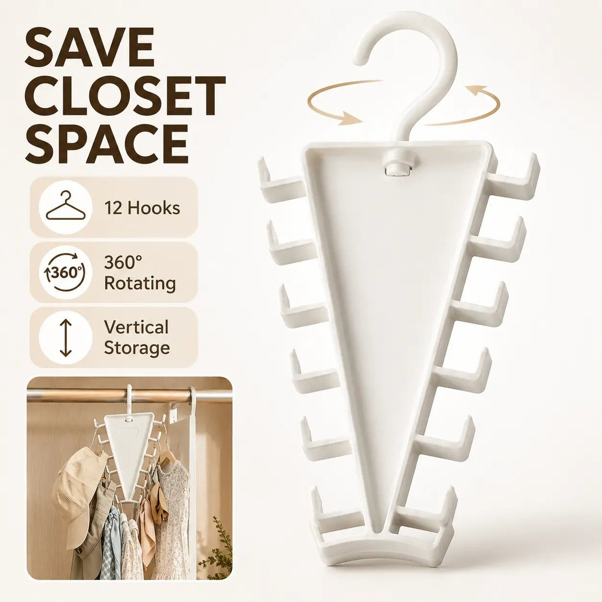 V-Shaped 360° Rotating Closet Organizer Hanger, Space-Saving 12-Hook Storage Rack