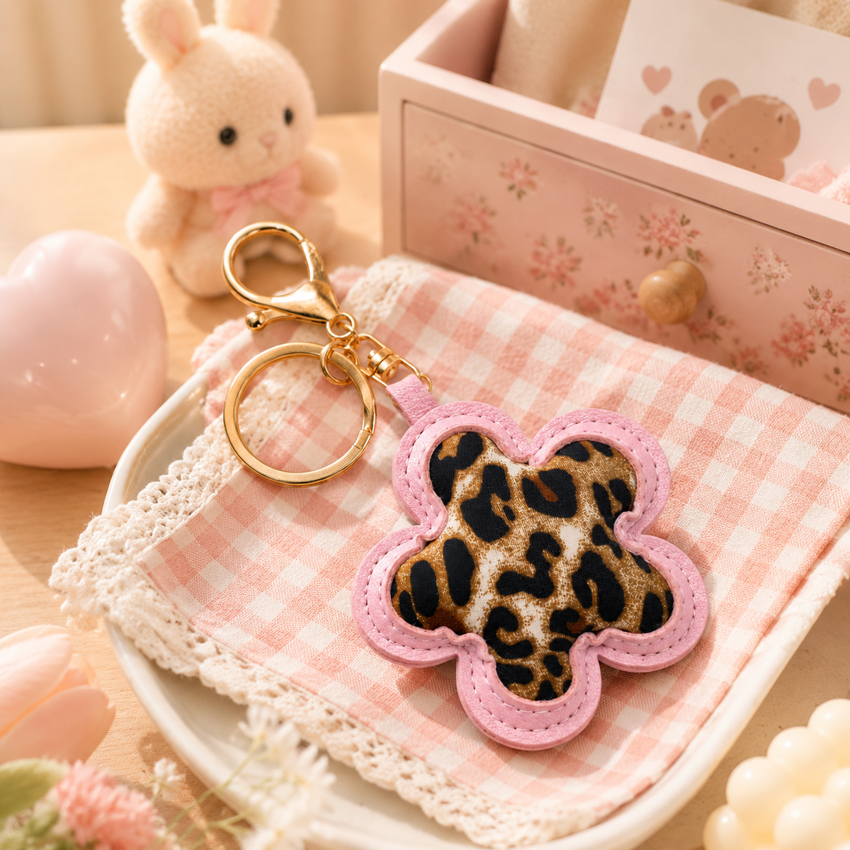 Pink Leopard Print Flower Keychain