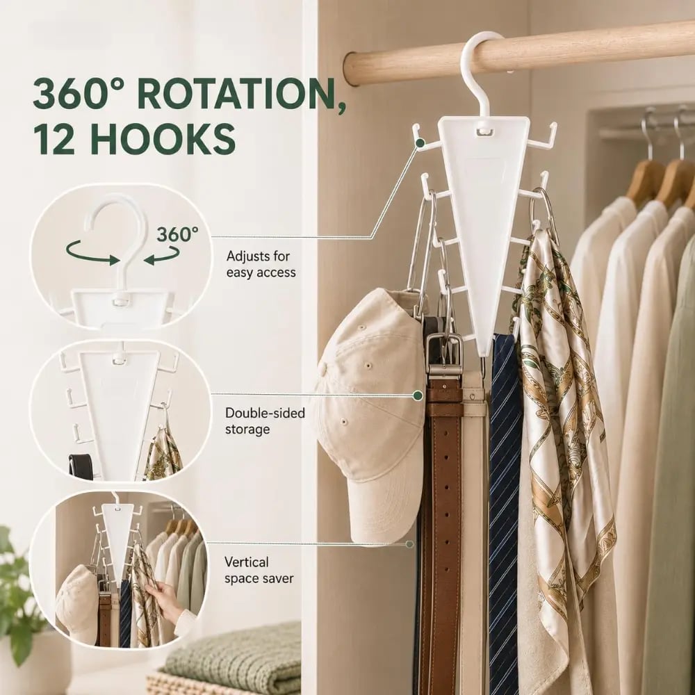 V-Shaped 360° Rotating Closet Organizer Hanger, Space-Saving 12-Hook Storage Rack