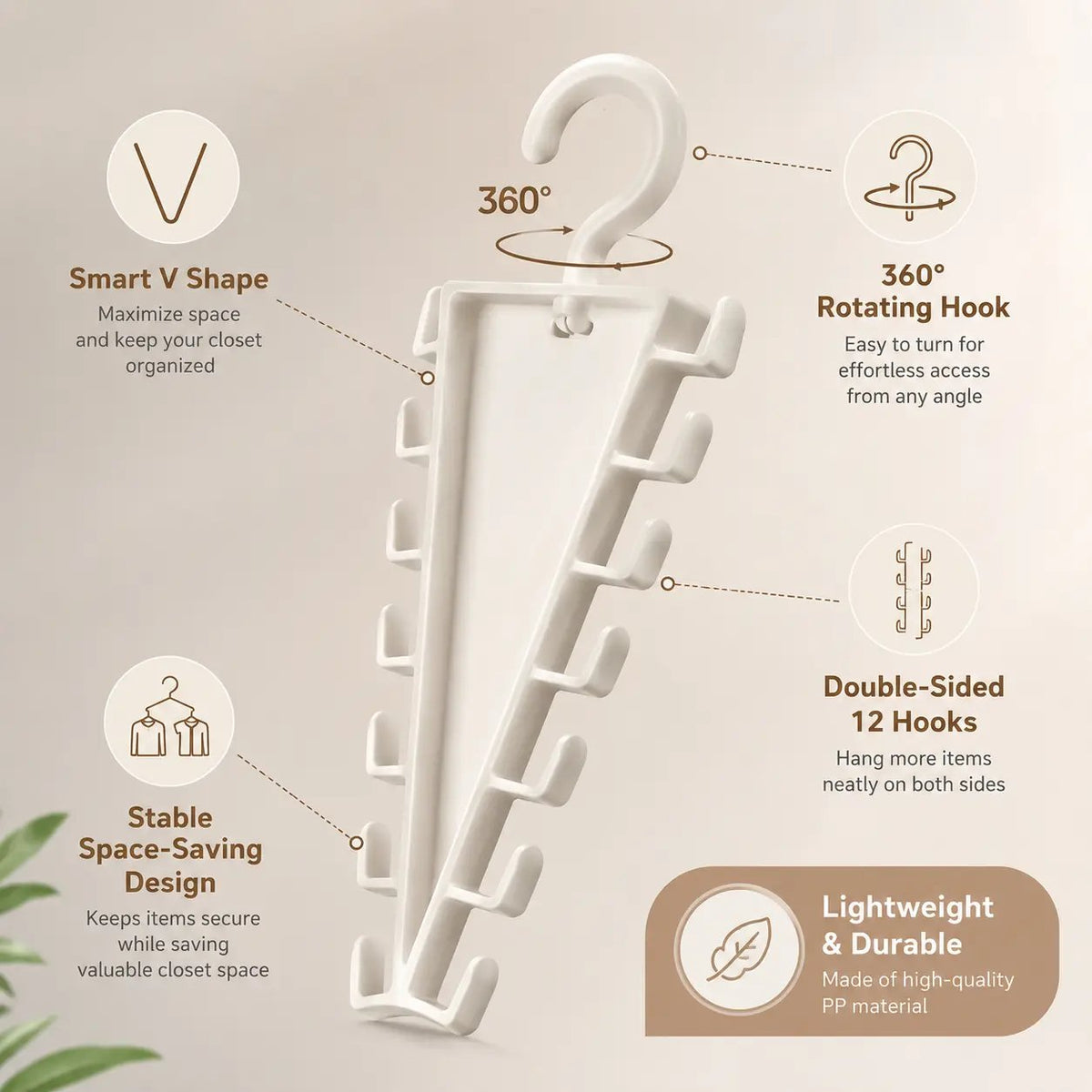V-Shaped 360° Rotating Closet Organizer Hanger, Space-Saving 12-Hook Storage Rack