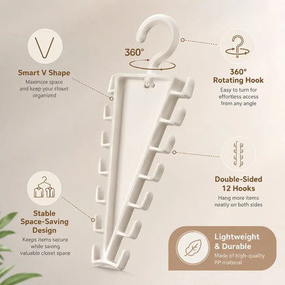 V-Shaped 360° Rotating Closet Organizer Hanger, Space-Saving 12-Hook Storage Rack