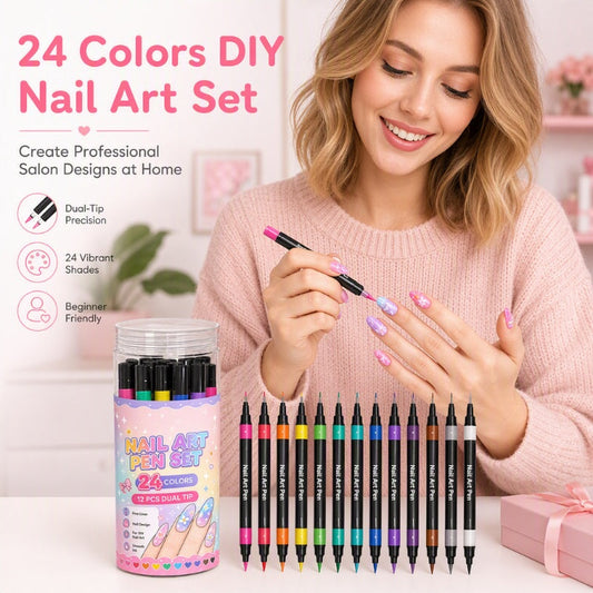 🔥 50% OFF! ✨ 24 Colors Dual-Ended Nail Art Pens Set - Easy DIY Salon Nails 💅