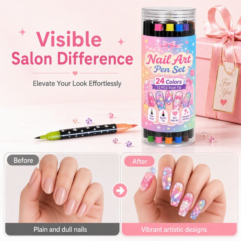 🔥 50% OFF! ✨ 24 Colors Dual-Ended Nail Art Pens Set - Easy DIY Salon Nails 💅